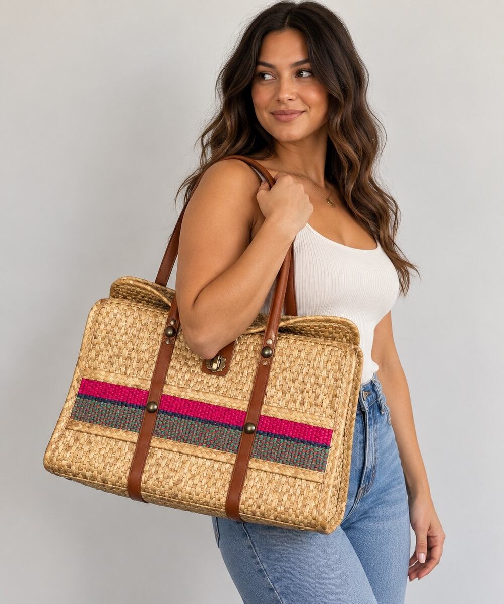 Vintage Mexican Woven Raffia Straw Tote Bag Beach Summer Travel